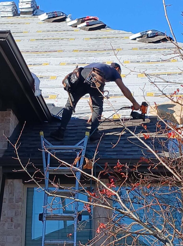 A roofer is actively installing asphalt shingles on a residential roof, with underlayment visible on the upper section and bundles of shingles stacked. A ladder is positioned on the lower part of the roof, and bare tree branches are in the foreground.