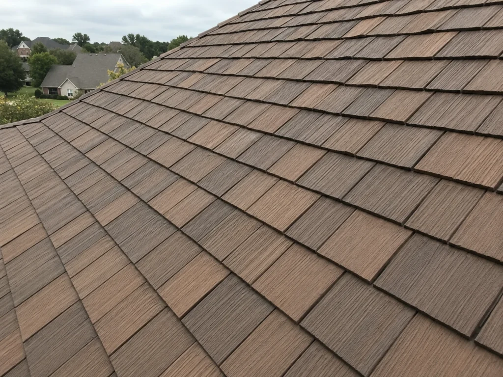 A close-up view of a synthetic shake roof, featuring varying shades of brown shingles with a wood-grain texture. Other residential houses and trees are visible in the blurred background.