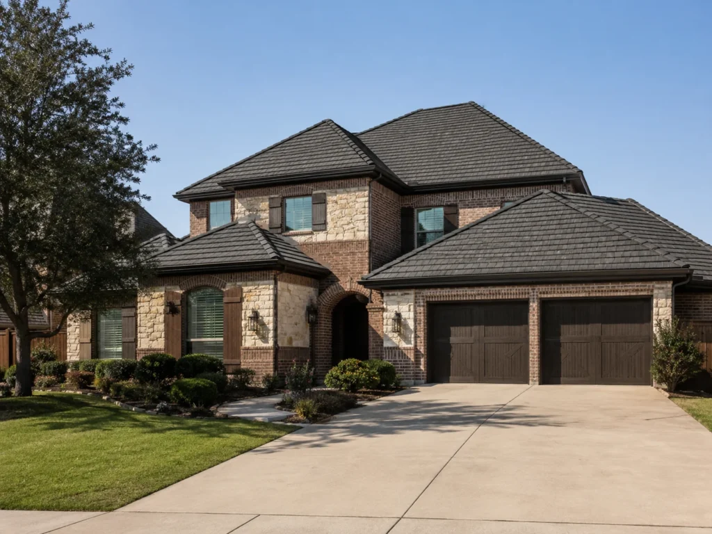 A large, two-story residential house with a dark, textured roof, brick and stone facade, and a well-maintained front yard under a clear blue sky. The image captures the front of the house, including the driveway and garage doors.