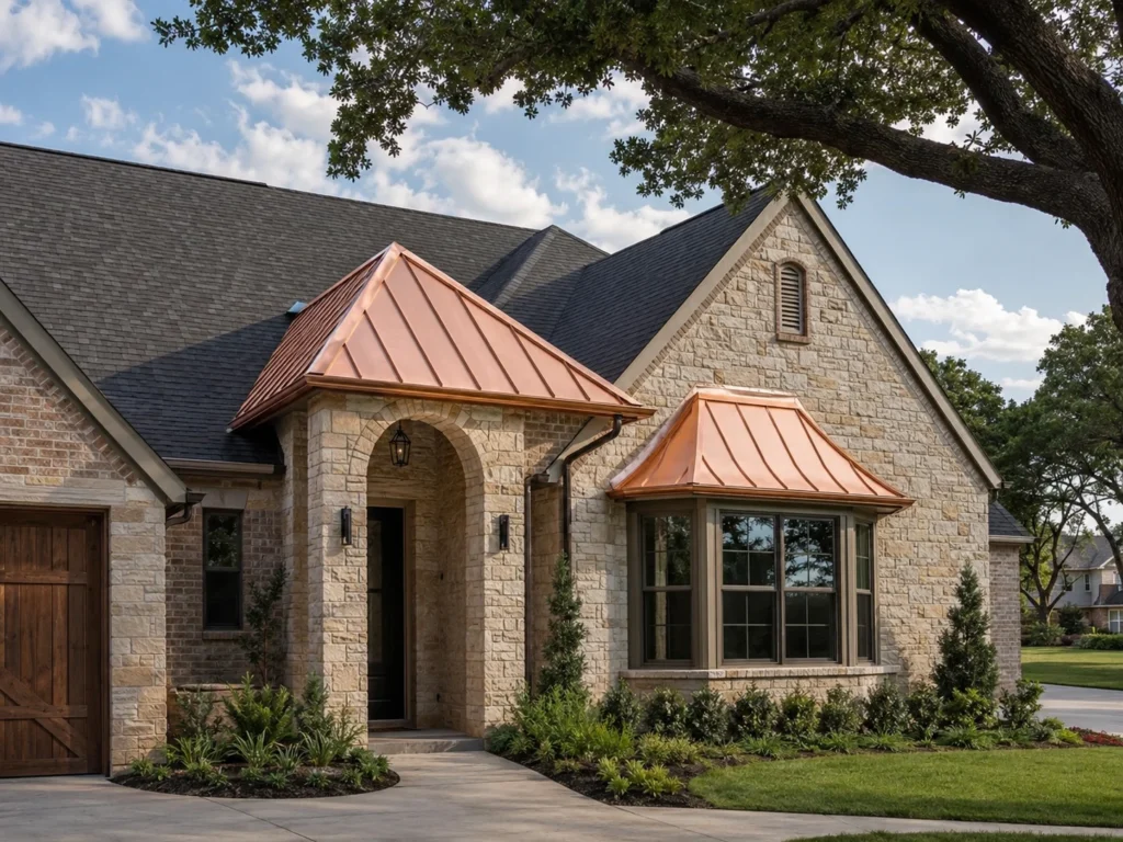 A beautiful stone house with a dark asphalt shingle roof and distinctive copper accent roofs over the main entrance and a bay window. The landscaping is well-maintained, and a large tree frames the upper right.