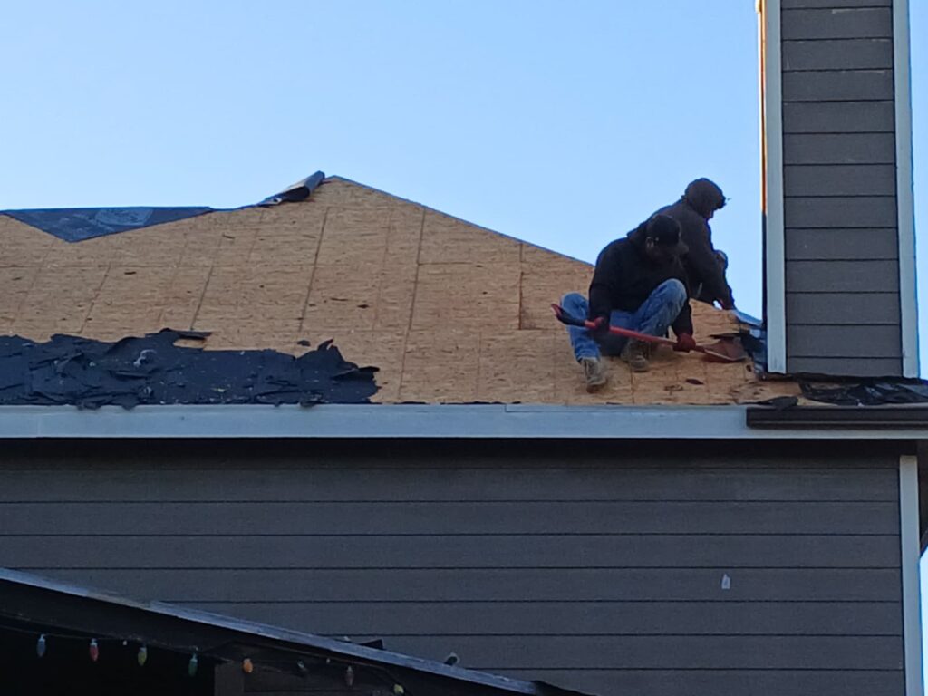 Two roofers are actively tearing off old asphalt shingles from a residential roof, exposing the plywood decking and some underlayment. They are using roofing shovels to remove the material.