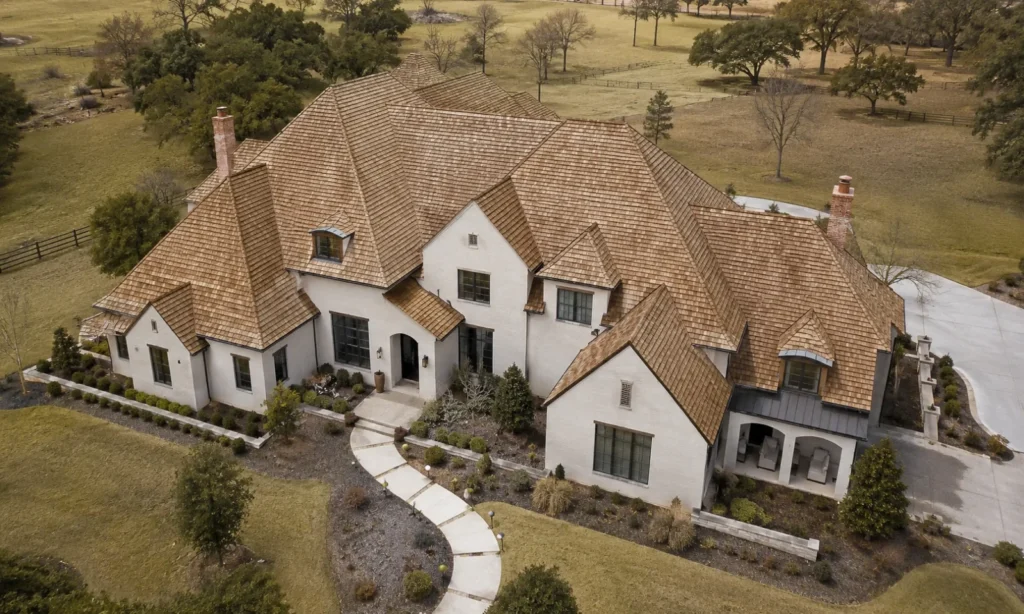 An aerial view of a large, luxurious residential property featuring a multi-gabled cedar shake roof, surrounded by expansive green lawns and scattered trees.
