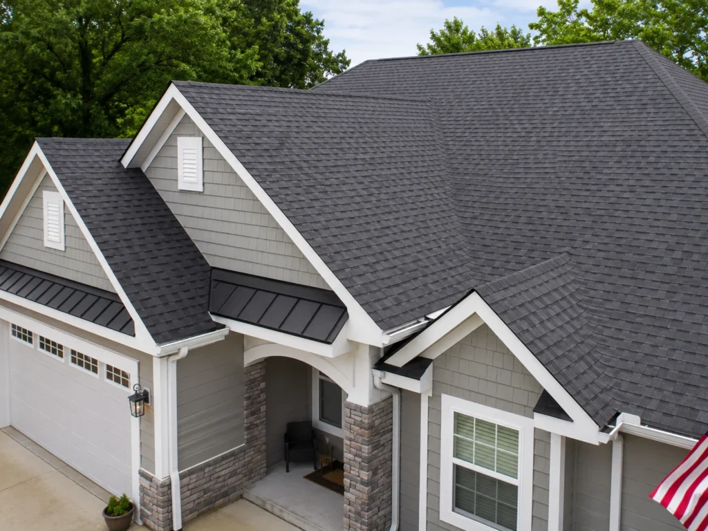 An aerial view of a modern residential house featuring a newly installed dark gray asphalt shingle roof, complemented by black metal accent roofing over the garage and entryway. The house has light gray siding, white trim, and stone accents.