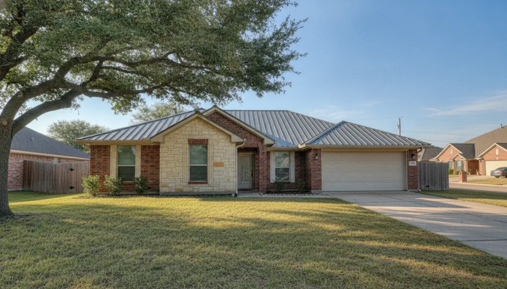 A charcoal-gray standing seam metal roof on a single-story red-brick North Texas ranch home. True architectural standing seam — NOT corrugated or ribbed agricultural panel: wide, completely FLAT sixteen-inch pans between seams, with only one slim vertical seam rib every sixteen inches, so a whole roof plane shows maybe fifteen to twenty widely-spaced ribs total. Panels run unbroken from eave to ridge, no exposed fasteners anywhere in the field, a clean matching ridge cap along the peak, crisp drip edge at the eave, one plumbing vent with a color-matched boot. Morning light rakes across so each slim rib casts one long thin shadow across the flat pan beside it. Mature live oak partially shading one side, tidy lawn, clear sky.