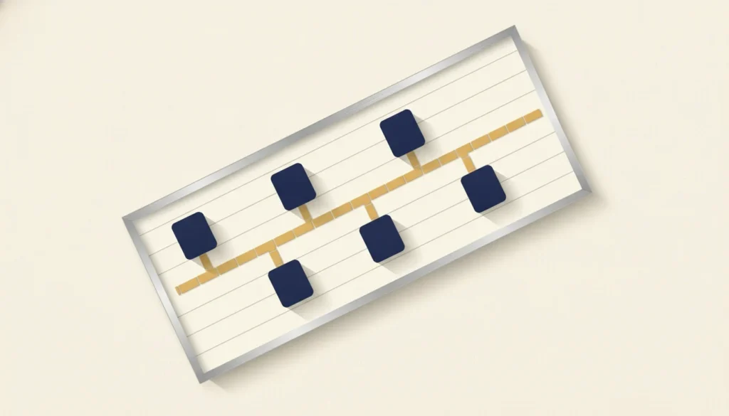 A commercial flat roof viewed from directly above as a clean plan composition: a large off-white membrane field divided by thin welded seam lines into long strips, four rooftop HVAC units as simple navy rounded rectangles casting small hard shadows, one gold walkway pad path connecting them, a silver parapet border framing the whole roof.