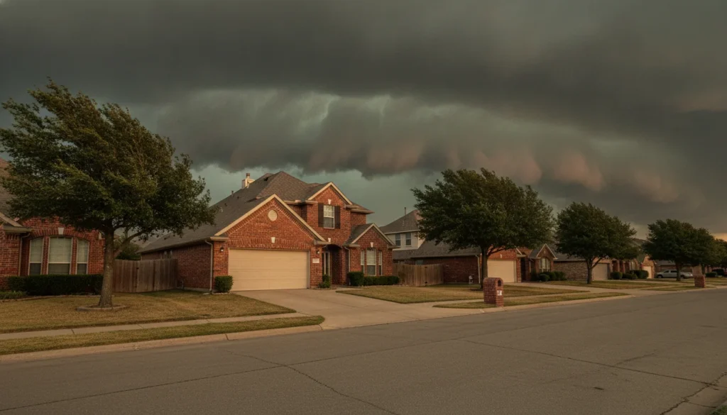 A dark green-gray supercell storm front rolling in over a North Texas suburban street of red-brick two-story homes. The homes wear gray architectural asphalt shingle roofs rendered accurately — straight courses, proper ridge caps, gable and hip lines crisp — lit by the last warm band of sunlight ahead of the storm while the shelf cloud towers behind them. Tension in the sky, wind in the live oaks, but no rain yet.