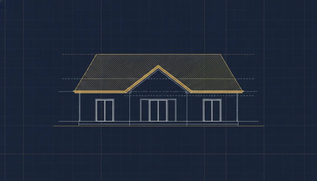 A single-family house front elevation drawn as a construction document, the roof planes emphasized with slightly heavier gold linework and diagonal hatching, walls and windows in lighter white line, a dashed ridge line across the peak.