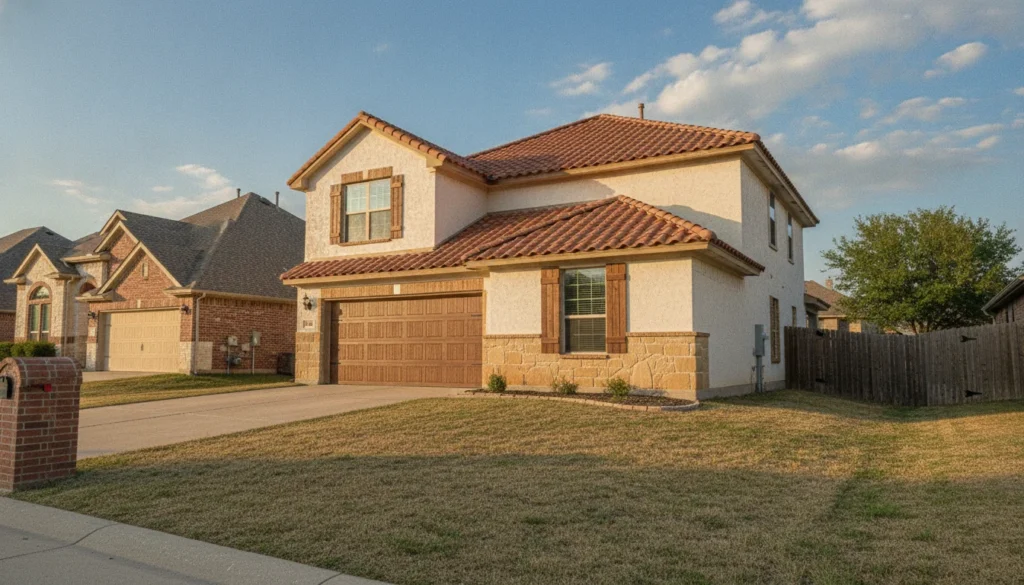 A terracotta S-profile clay tile roof on a two-story Mediterranean-style stucco and stone home in a North Texas suburb. The tiles lie in straight staggered courses with correct headlap — every course overlapping the one below, pan and cover curves alternating evenly, natural kiln color variation from tile to tile across orange, rust, and brown, mortar-set ridge and hip caps running crisp along the peaks, round bird-stop closures visible along the eave row. Late-afternoon warm light raking across the barrels so each tile casts a curved shadow into its neighbor's pan.