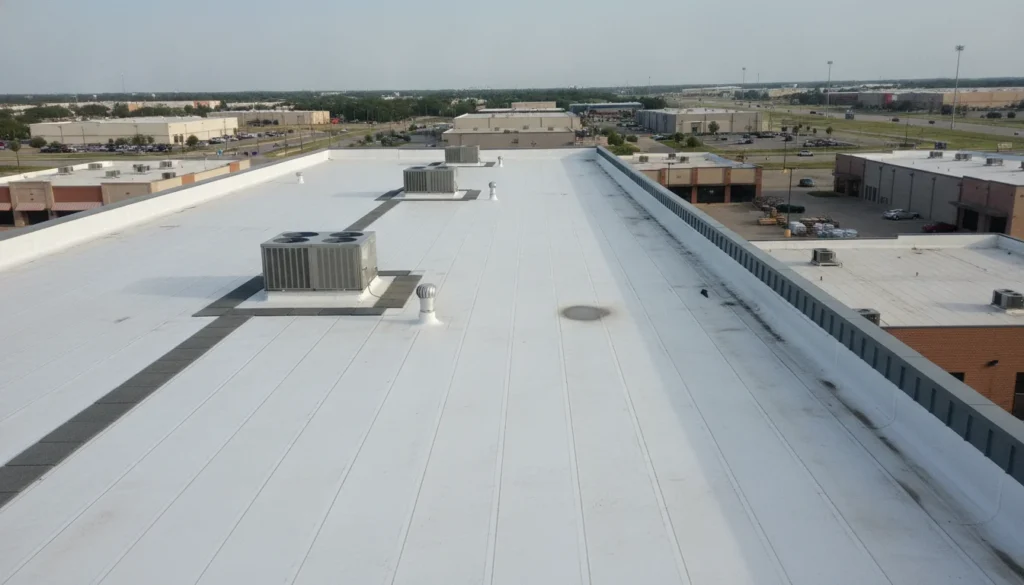 A wide view across a large white TPO single-ply membrane commercial flat roof. The membrane lies in parallel ten-foot-wide sheets with hot-air-welded lap seams running as clean straight lines toward the far parapet, a faint fastener row hidden under each lap. Three curb-mounted rooftop HVAC units with proper flashed curbs, one round vent pipe with a molded penetration boot, gray walkway pads leading between the units, slight dirt shadowing and a couple of shallow drying puddles from last night's rain, parapet wall with metal coping at the roof edge. Flat gray-blue morning sky over a North Texas industrial district.