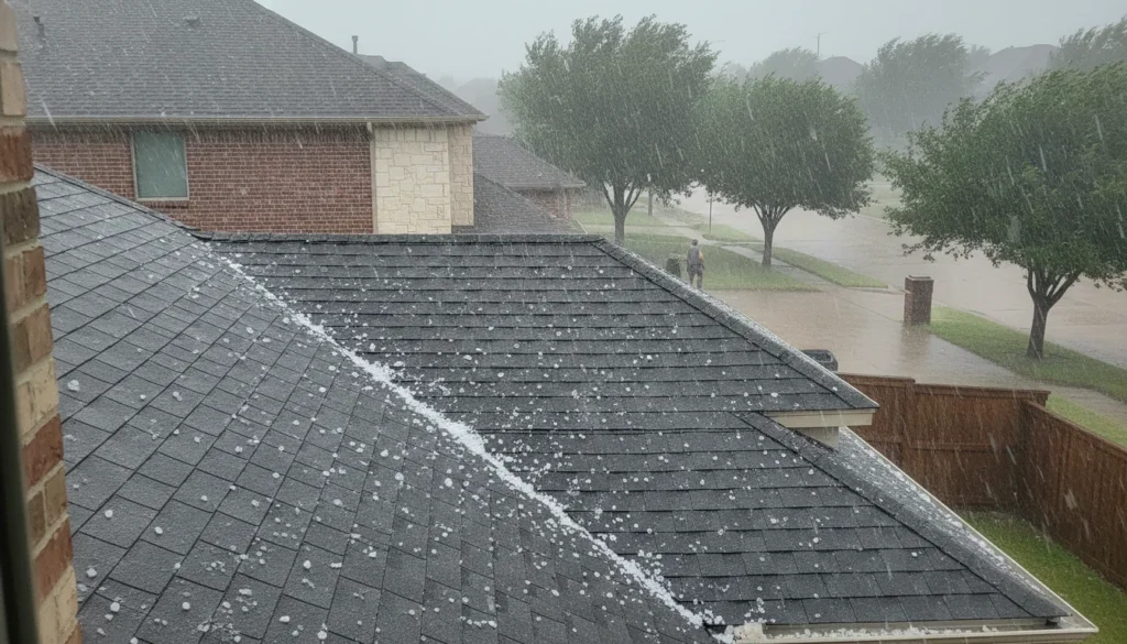 An active hailstorm in progress, photographed from an upstairs window looking down at a neighboring dark-gray architectural shingle roof slope. Hundreds of white hailstones of mixed sizes are scattered and accumulating across the shingle courses, piling thicker along the eave and gutter line and drifting on the flat surface in the foreground; more hail is captured mid-fall as faint vertical motion-blur streaks through the whole frame. Every surface has a wet storm sheen. The shingle courses remain visible and straight beneath the accumulating ice. Dark, gloomy green-gray storm light, wind-blurred trees and shrubs in the background, rain-and-ice haze softening the distance.