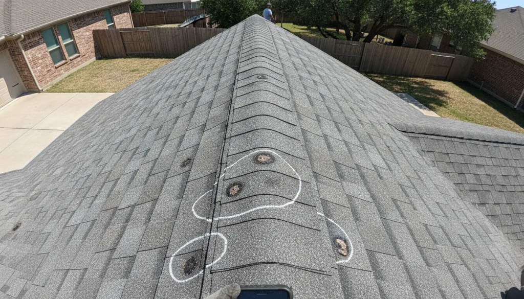 Close-up of a weathered gray-blend architectural laminated asphalt shingle field on a roof slope, shot from directly above at arm's length. The shingles show the dimensional two-layer sawtooth pattern of architectural shingles with about five and five-eighths inches of exposure per course, butt joints staggered roughly half a tab between courses, thin crisp shadow lines under each butt edge, and granule color blend varying subtly shingle to shingle. Four or five round hail impact bruises the size of quarters where granules are knocked away exposing the dark asphalt mat beneath, slight granule scatter collected below each bruise, two bruises circled in white lumber crayon by an inspector.