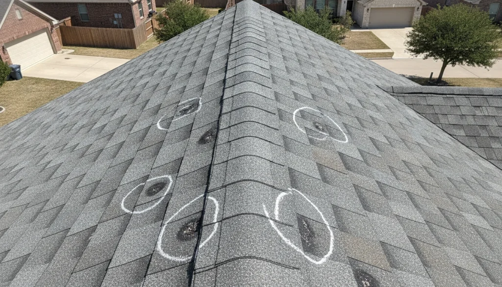 Close-up of a weathered gray-blend architectural laminated asphalt shingle field on a roof slope, shot from directly above at arm's length. The shingles show the dimensional two-layer sawtooth pattern of architectural shingles with about five and five-eighths inches of exposure per course, butt joints staggered roughly half a tab between courses, thin crisp shadow lines under each butt edge, and granule color blend varying subtly shingle to shingle. Four or five round hail impact bruises the size of quarters where granules are knocked away exposing the dark asphalt mat beneath, slight granule scatter collected below each bruise, two bruises circled in white lumber crayon by an inspector.