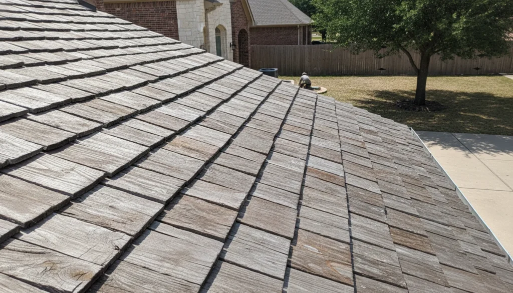 Close-up of weathered hand-split cedar shakes on a steep roof slope. Each shake is a different width, split faces showing raised irregular grain, roughly ten inches of exposure per course, vertical keyway gaps between shakes that never line up with the gaps in the course below, butt lines slightly uneven course to course the way hand-split roofs actually lay. Silvered gray patina overall with warm brown undertones where grain has worn through, a few shakes slightly cupped or curled at the butt, one small green lichen spot. Soft overcast light.