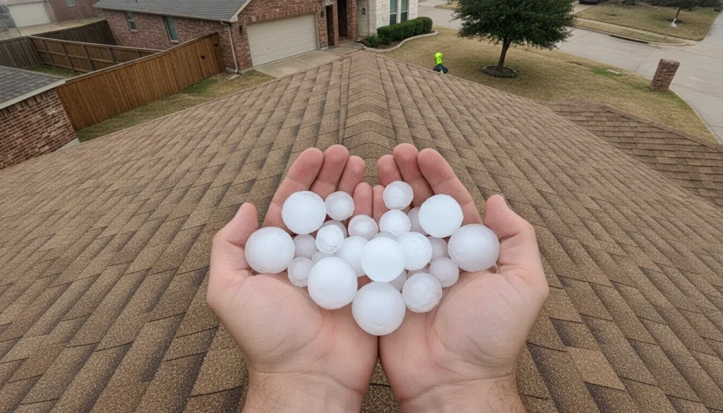 Two cupped hands held together, photographed from above at a slight angle, filled with a heaping cluster of fresh hailstones gathered right after a storm: a mix of smooth ping-pong-ball-sized spheres and smaller jagged ice aggregates, wet and just starting to melt, translucent at the edges with milky opaque cores, a few water droplets on the skin. The hands are slightly reddened from the cold with fingers naturally curled — exactly ten fingers, natural adult hand anatomy, no rings or jewelry. Filling the entire background beneath the hands: a warm brown-blend architectural laminated asphalt shingle roof in focus, straight staggered courses with correct half-tab offset, fine ceramic granule texture, thin shadow lines under each shingle butt edge. Flat overcast post-storm daylight, no face or body visible — just hands and roof.